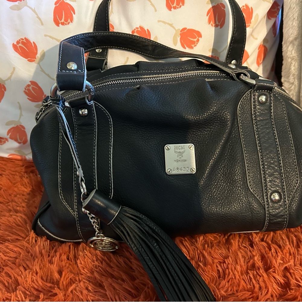 MCM Black Satchel with Silver Hardware and Tassel